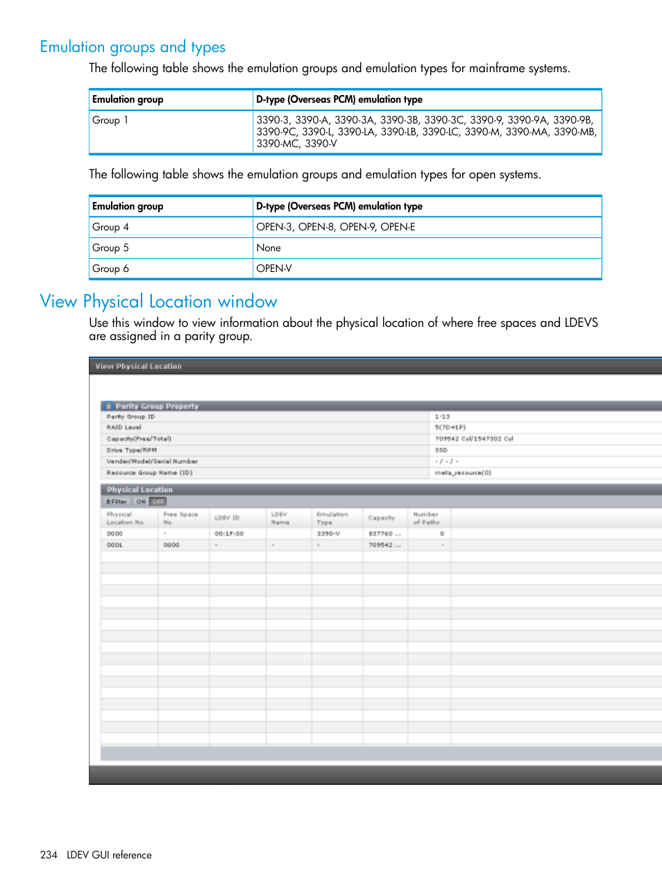 Emulation groups and types, View physical location window | HP XP7 Storage User Manual | Page 234 / 338
