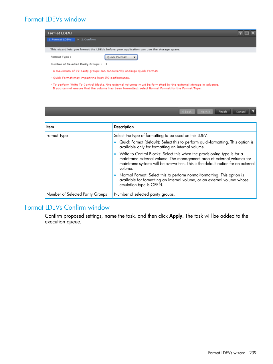 Format ldevs window, Format ldevs confirm window, Format ldevs window format ldevs confirm window | HP XP7 Storage User Manual | Page 239 / 338