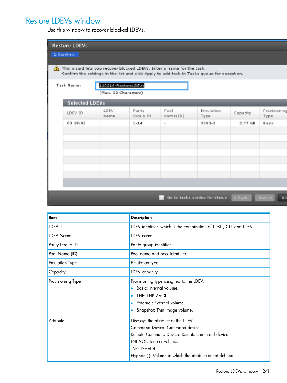 Restore ldevs window | HP XP7 Storage User Manual | Page 241 / 338