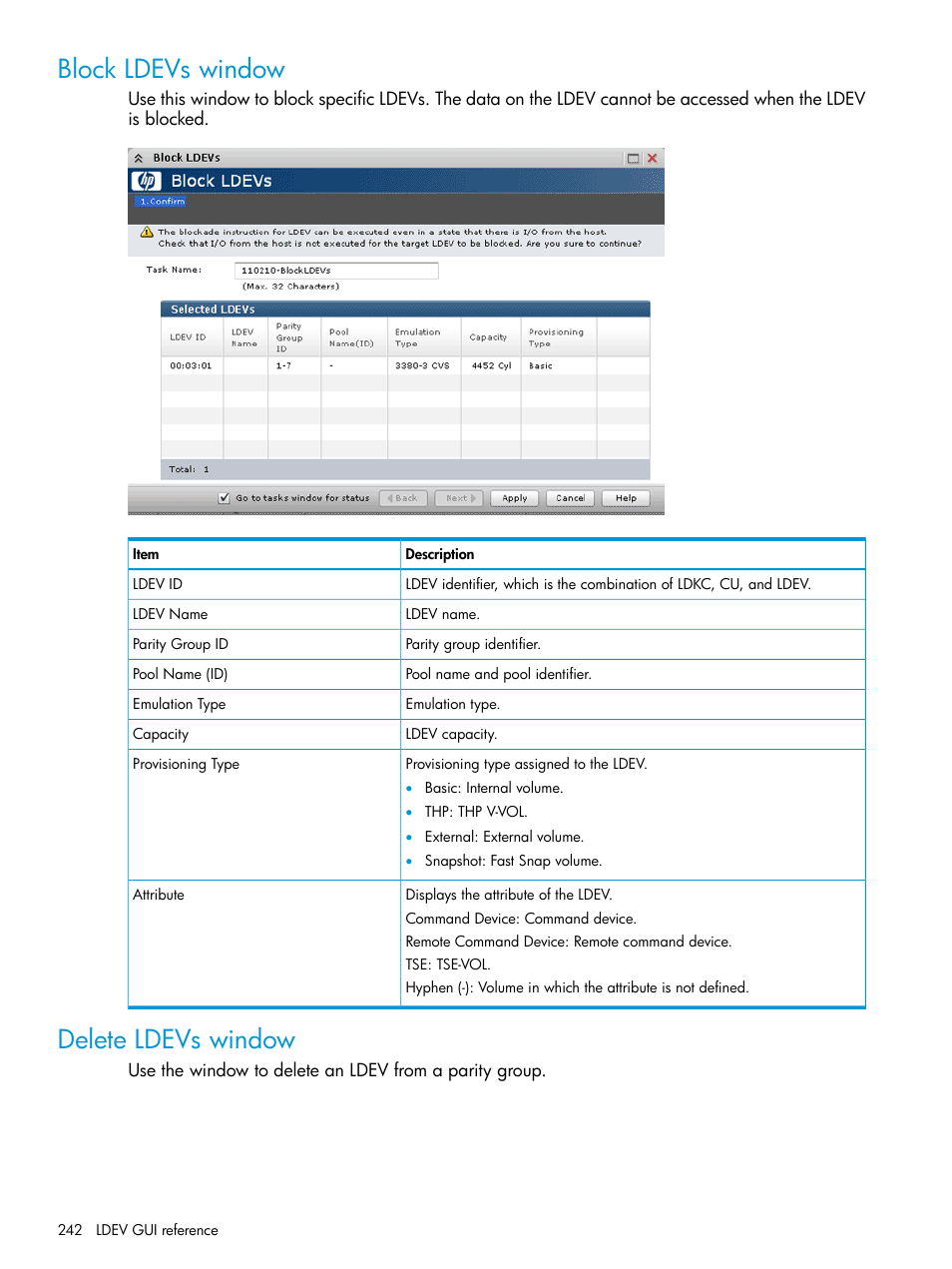 Block ldevs window, Delete ldevs window, Block ldevs window delete ldevs window | HP XP7 Storage User Manual | Page 242 / 338