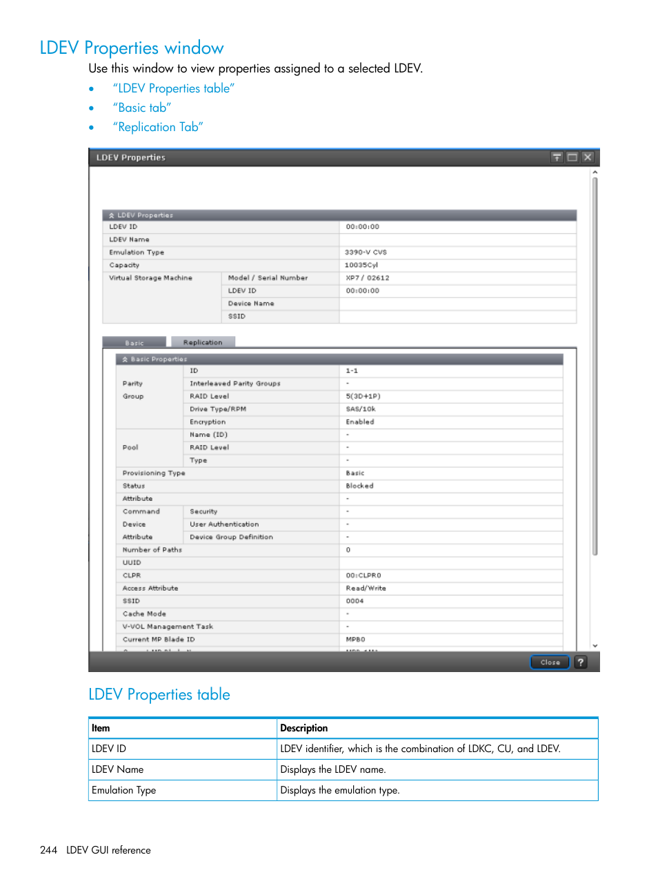 Ldev properties window, Ldev properties table | HP XP7 Storage User Manual | Page 244 / 338