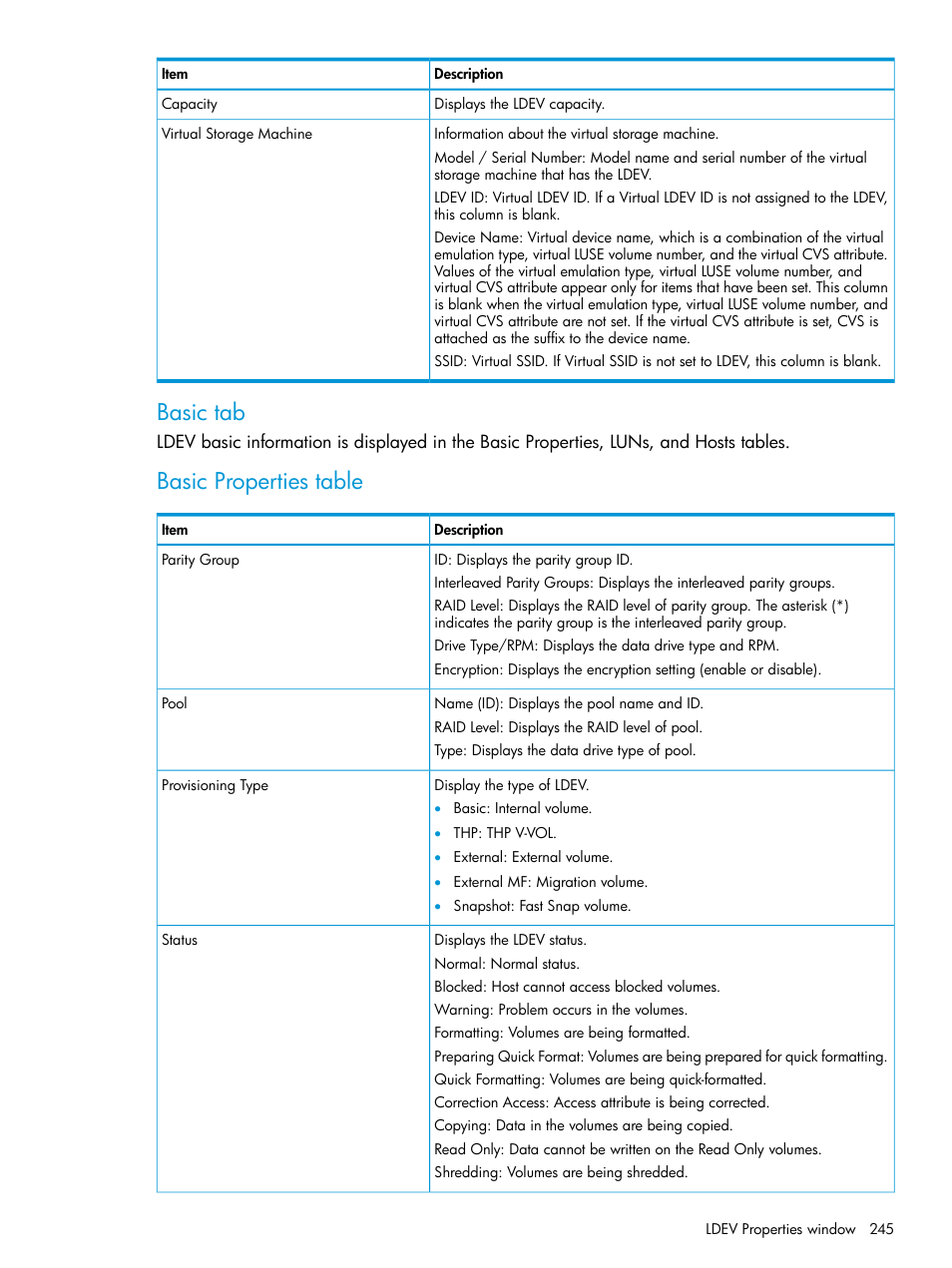 Basic tab, Basic properties table | HP XP7 Storage User Manual | Page 245 / 338