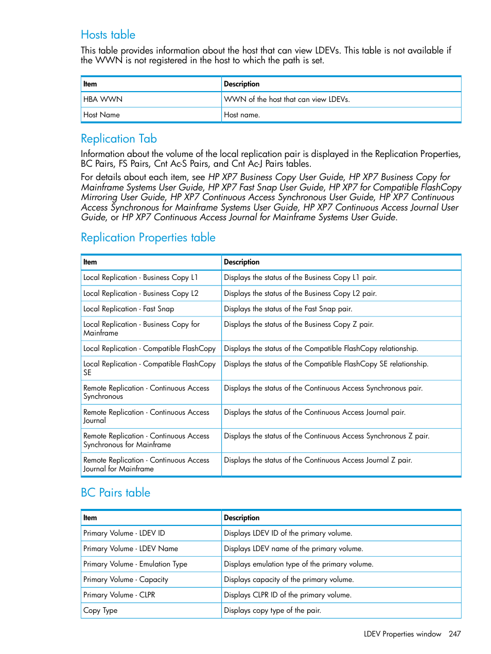 Hosts table, Replication tab, Replication properties table | Bc pairs table | HP XP7 Storage User Manual | Page 247 / 338
