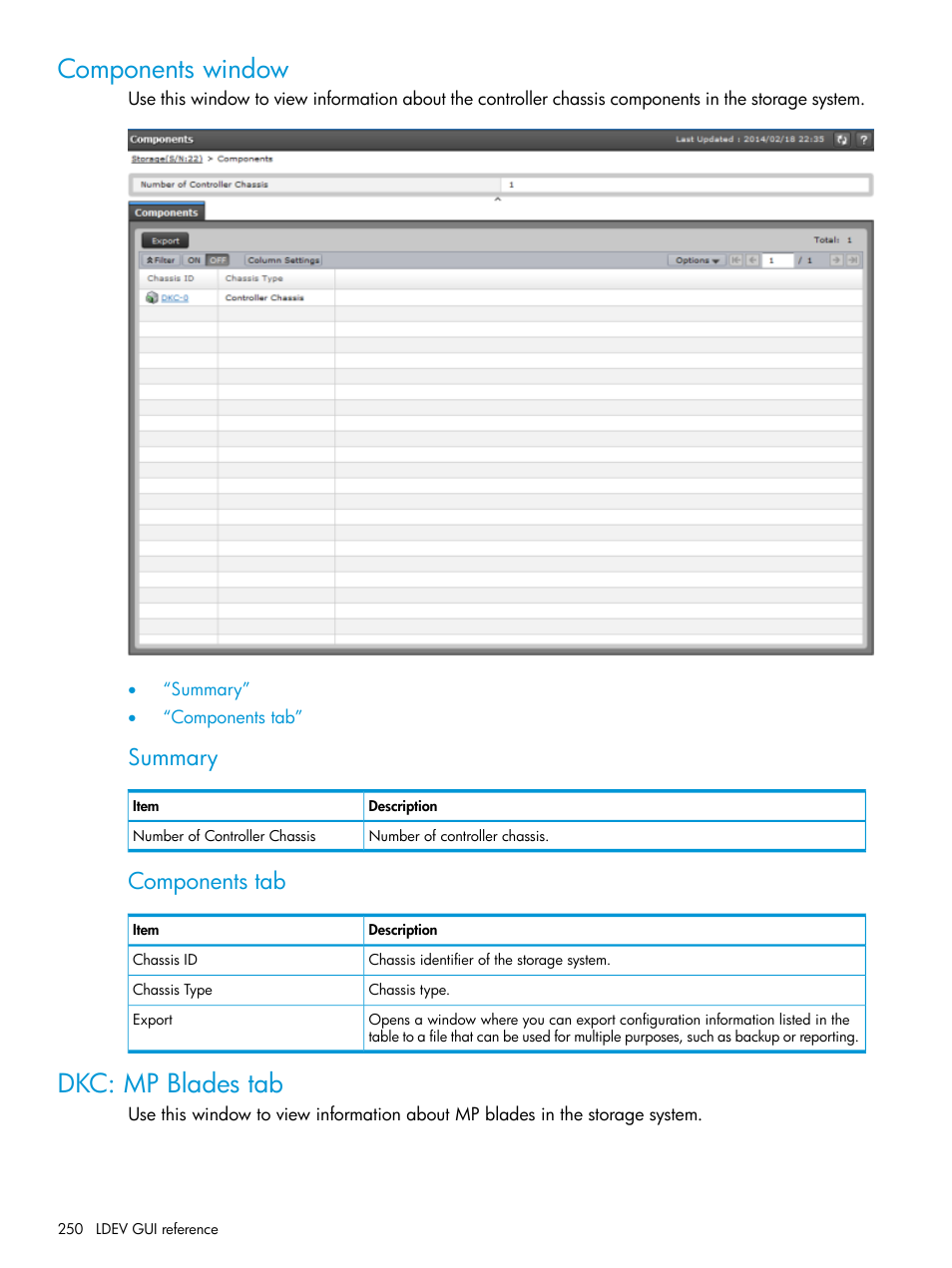 Components window, Dkc: mp blades tab, Components window dkc: mp blades tab | Summary, Components tab | HP XP7 Storage User Manual | Page 250 / 338