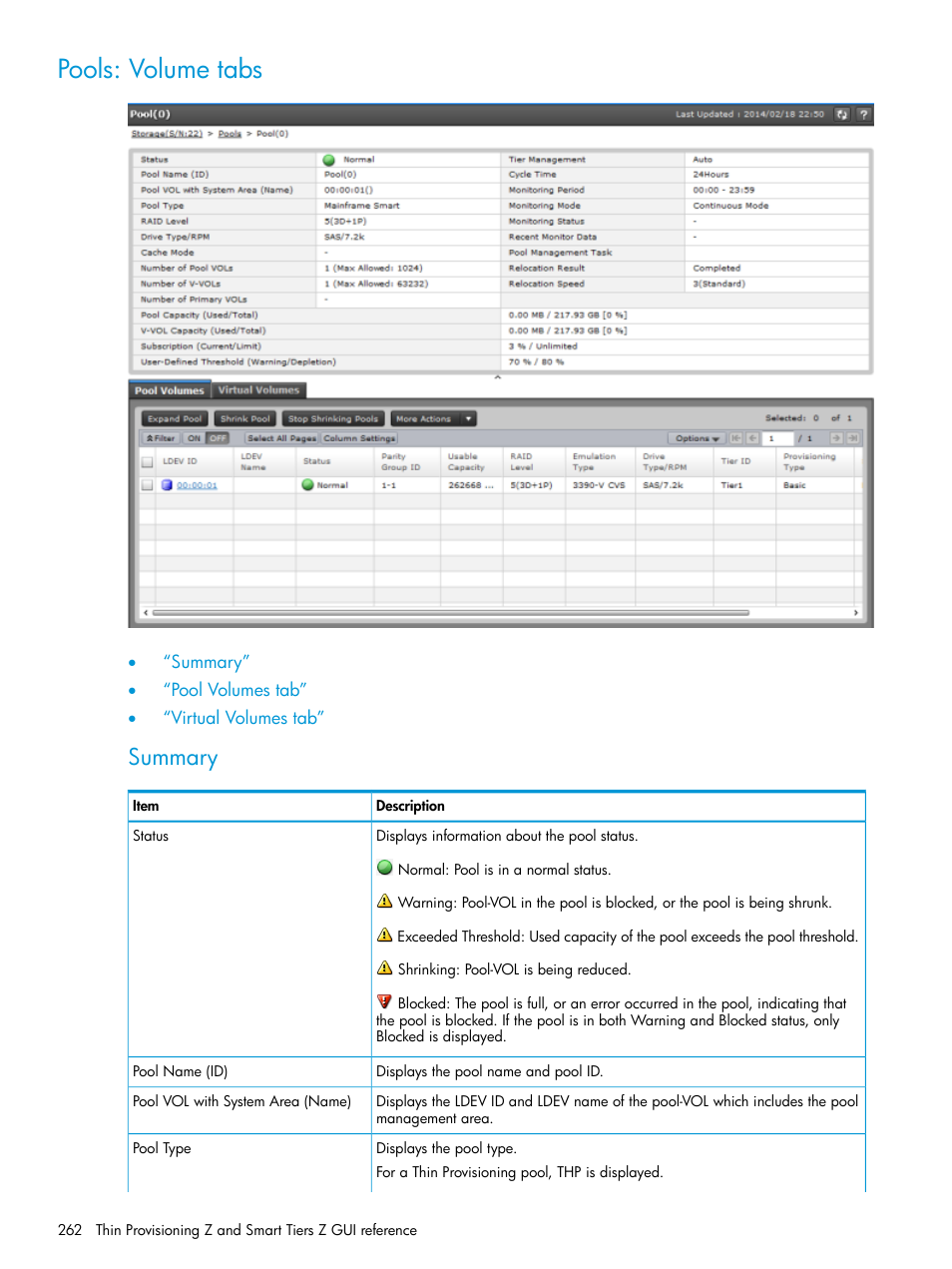 Pools: volume tabs, Summary | HP XP7 Storage User Manual | Page 262 / 338