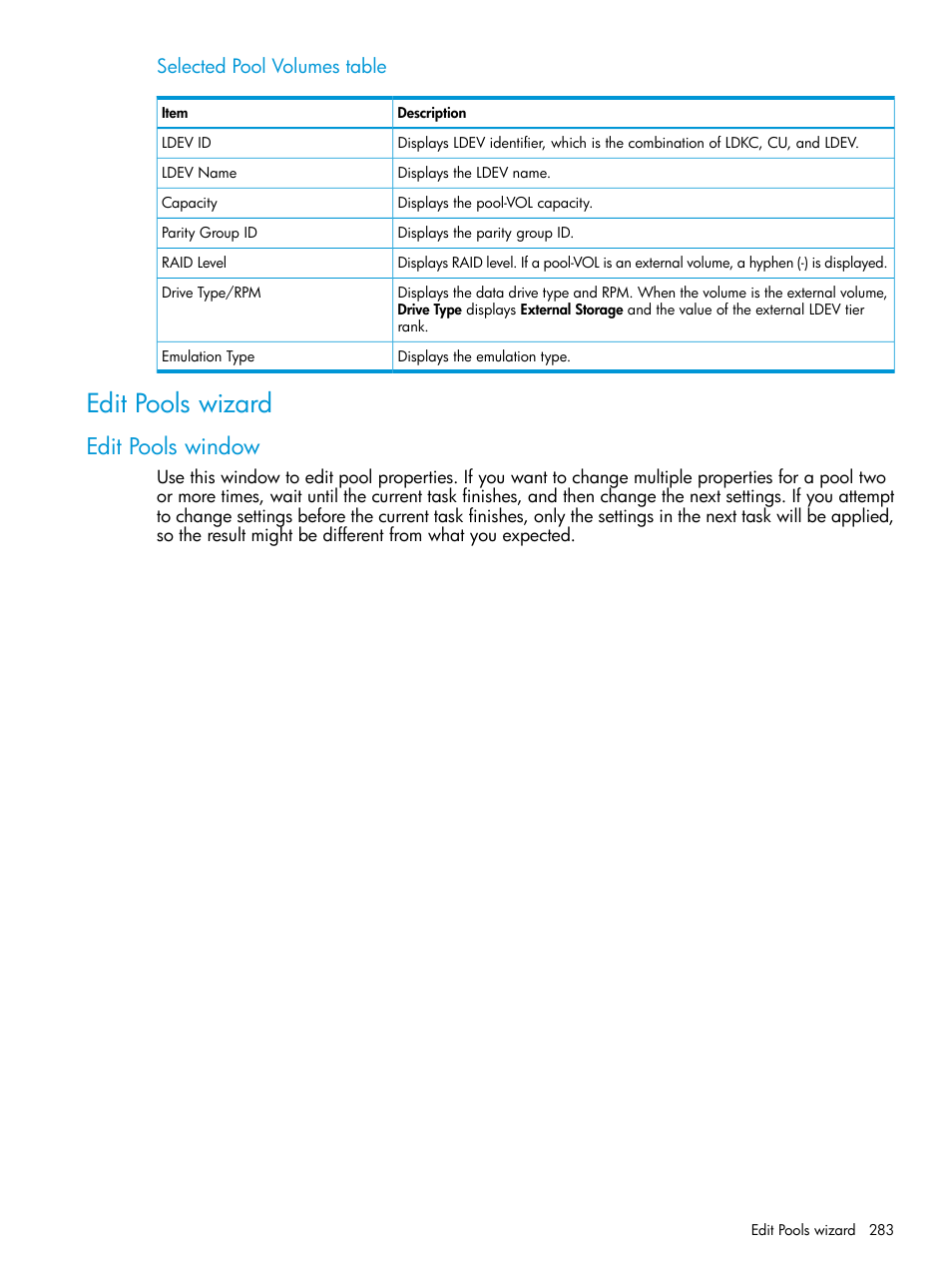 Edit pools wizard, Edit pools window, Selected pool volumes table | HP XP7 Storage User Manual | Page 283 / 338