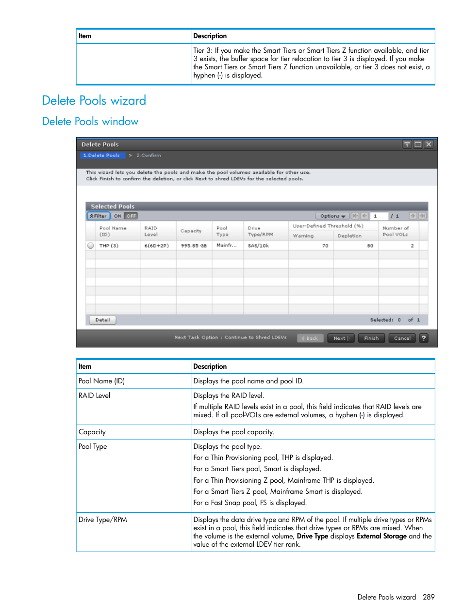 Delete pools wizard, Delete pools window | HP XP7 Storage User Manual | Page 289 / 338