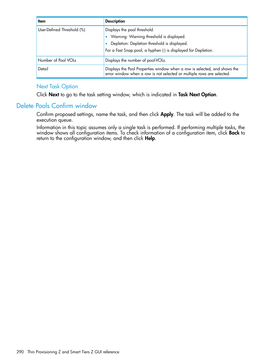 Delete pools confirm window, Next task option | HP XP7 Storage User Manual | Page 290 / 338