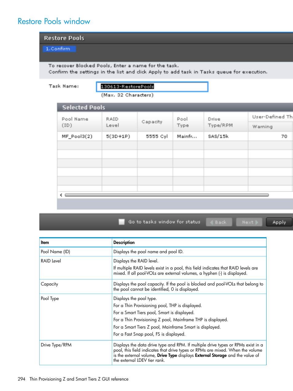 Restore pools window | HP XP7 Storage User Manual | Page 294 / 338