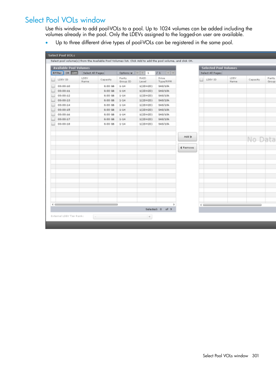 Select pool vols window | HP XP7 Storage User Manual | Page 301 / 338