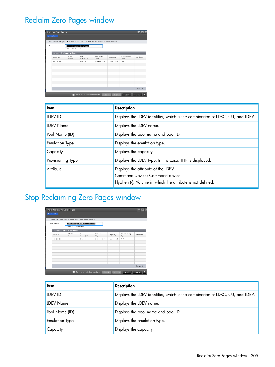 Reclaim zero pages window, Stop reclaiming zero pages window | HP XP7 Storage User Manual | Page 305 / 338