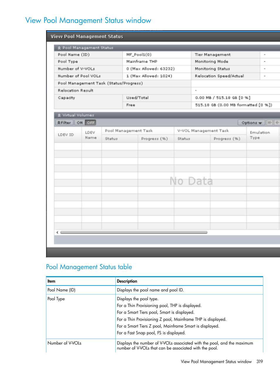 View pool management status window, View, View pool management status | Pool management status table | HP XP7 Storage User Manual | Page 319 / 338