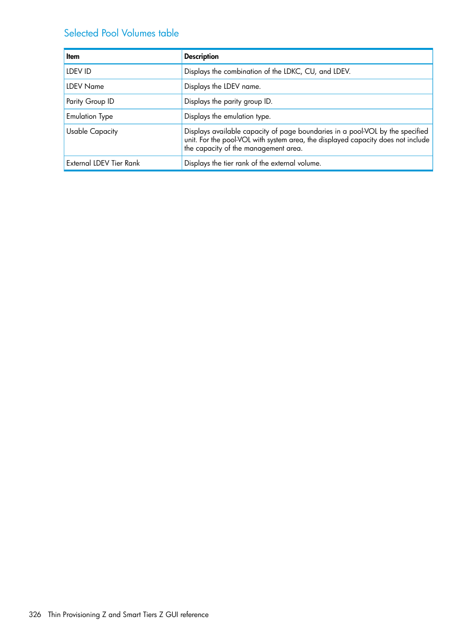 Selected pool volumes table | HP XP7 Storage User Manual | Page 326 / 338