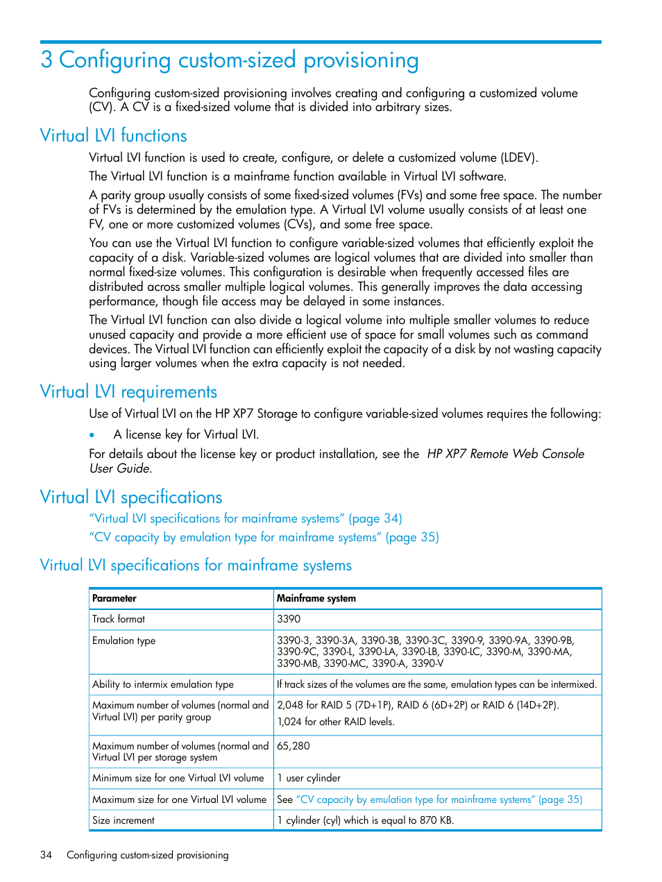 3 configuring custom-sized provisioning, Virtual lvi functions, Virtual lvi requirements | Virtual lvi specifications, Virtual lvi specifications for mainframe systems | HP XP7 Storage User Manual | Page 34 / 338