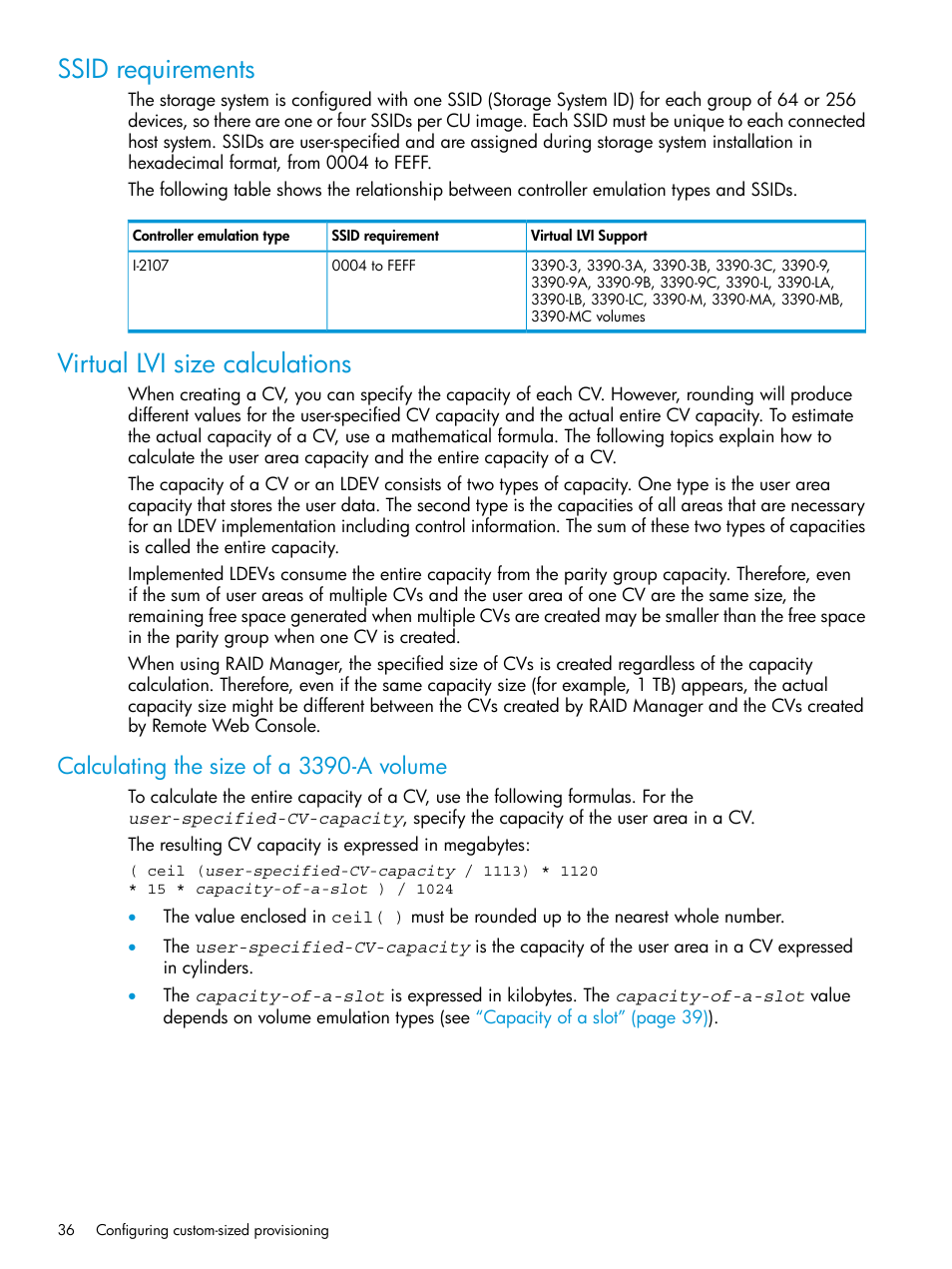 Ssid requirements, Virtual lvi size calculations, Calculating the size of a 3390-a volume | Ssid requirements virtual lvi size calculations | HP XP7 Storage User Manual | Page 36 / 338