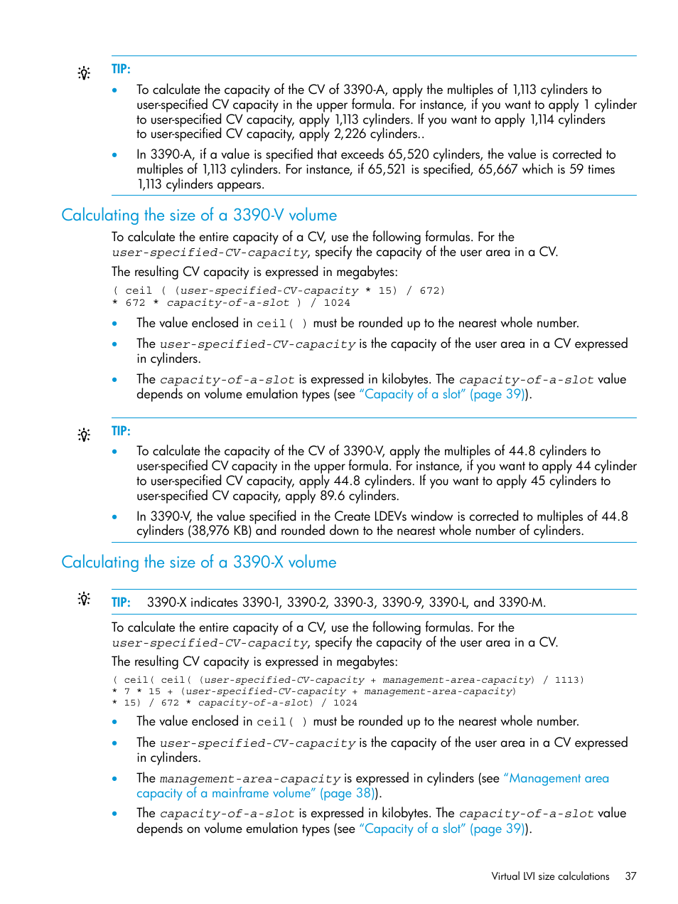 Calculating the size of a 3390-v volume, Calculating the size of a 3390-x volume | HP XP7 Storage User Manual | Page 37 / 338