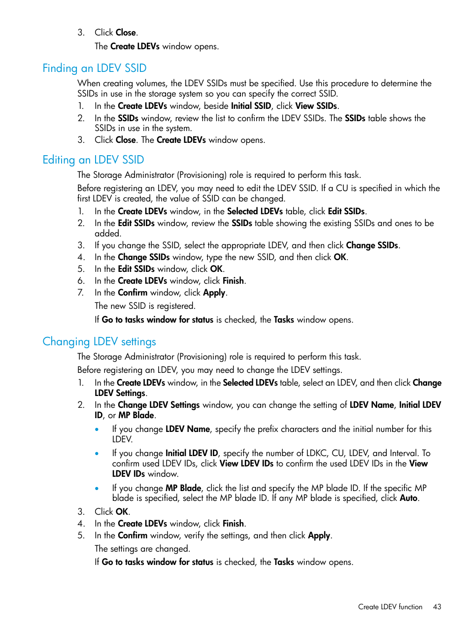 Finding an ldev ssid, Editing an ldev ssid, Changing ldev settings | HP XP7 Storage User Manual | Page 43 / 338