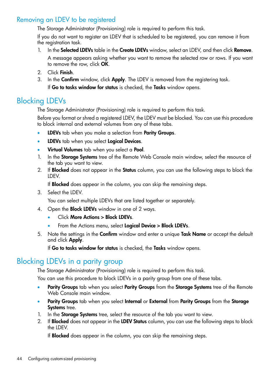 Removing an ldev to be registered, Blocking ldevs, Blocking ldevs in a parity group | Blocking ldevs blocking ldevs in a parity group | HP XP7 Storage User Manual | Page 44 / 338