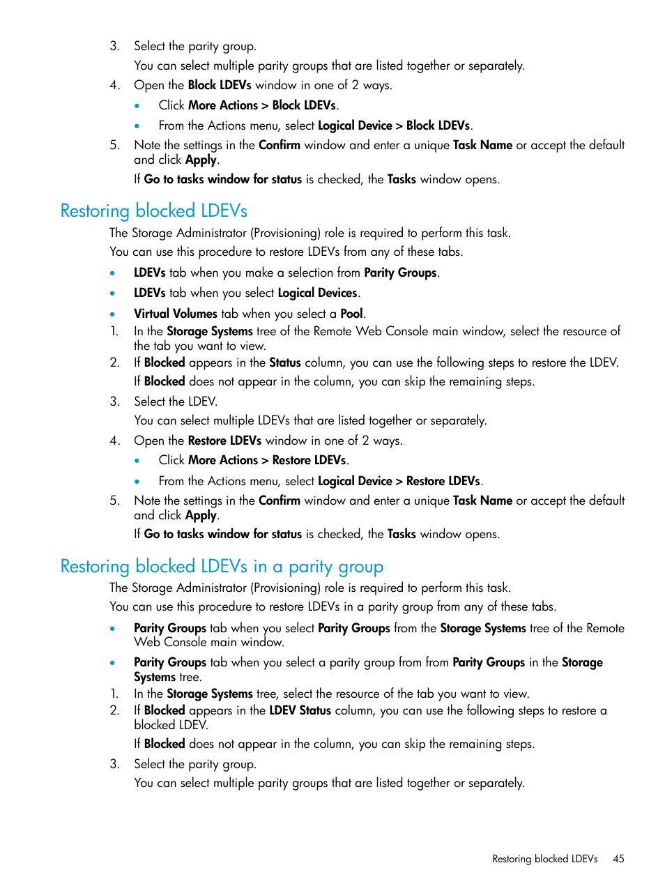 Restoring blocked ldevs, Restoring blocked ldevs in a parity group | HP XP7 Storage User Manual | Page 45 / 338