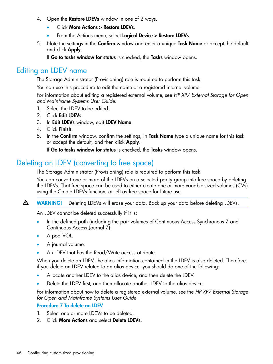 Editing an ldev name, Deleting an ldev (converting to free space) | HP XP7 Storage User Manual | Page 46 / 338