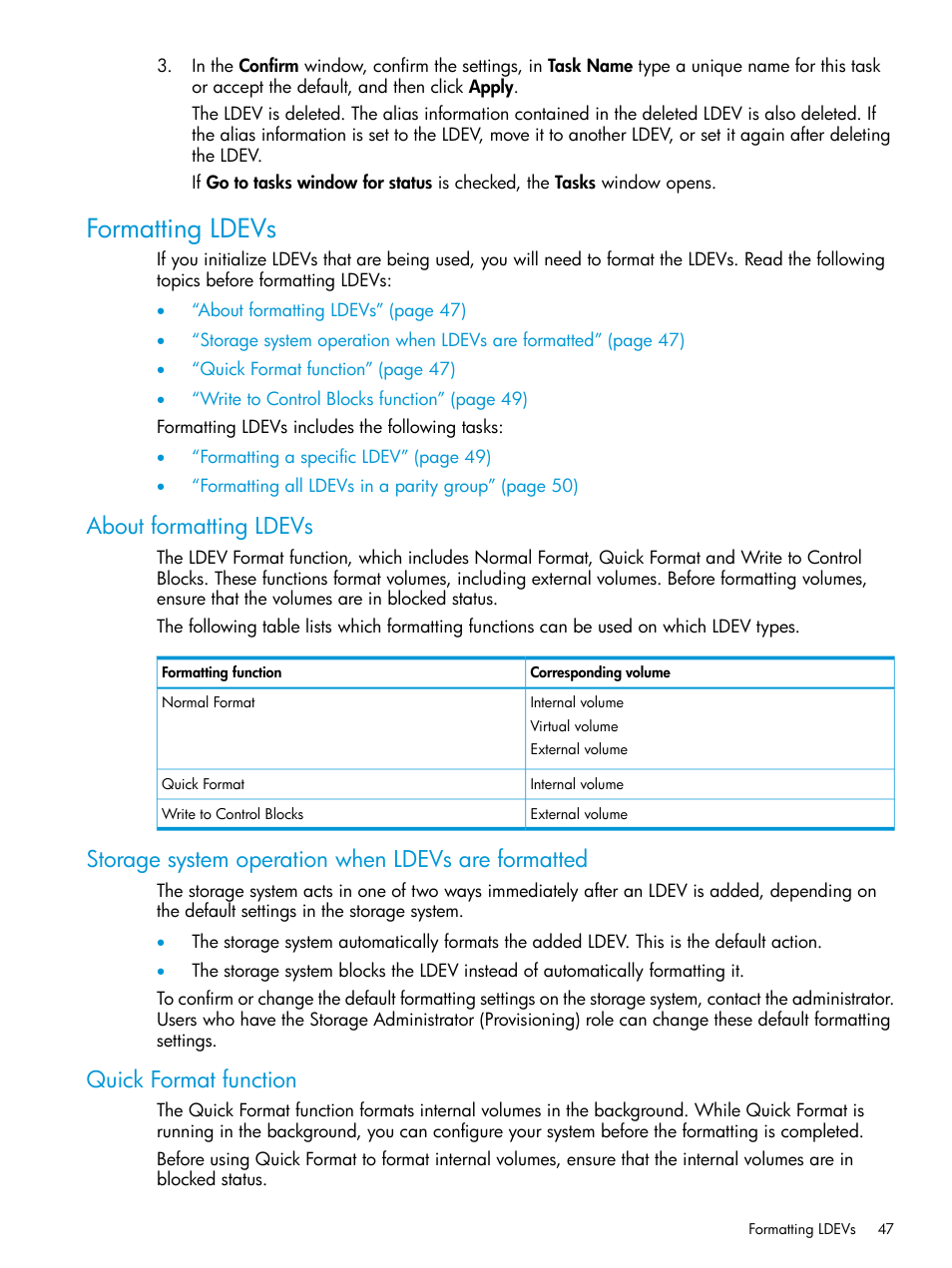 Formatting ldevs, About formatting ldevs, Storage system operation when ldevs are formatted | Quick format function | HP XP7 Storage User Manual | Page 47 / 338