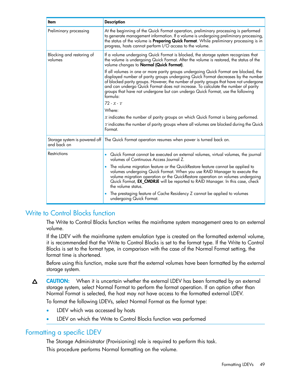 Write to control blocks function, Formatting a specific ldev | HP XP7 Storage User Manual | Page 49 / 338
