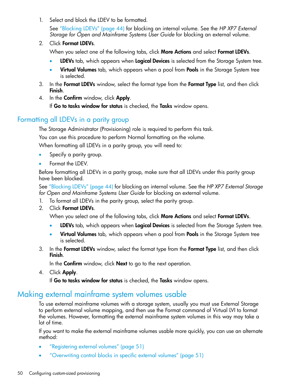 Formatting all ldevs in a parity group, Making external mainframe system volumes usable | HP XP7 Storage User Manual | Page 50 / 338