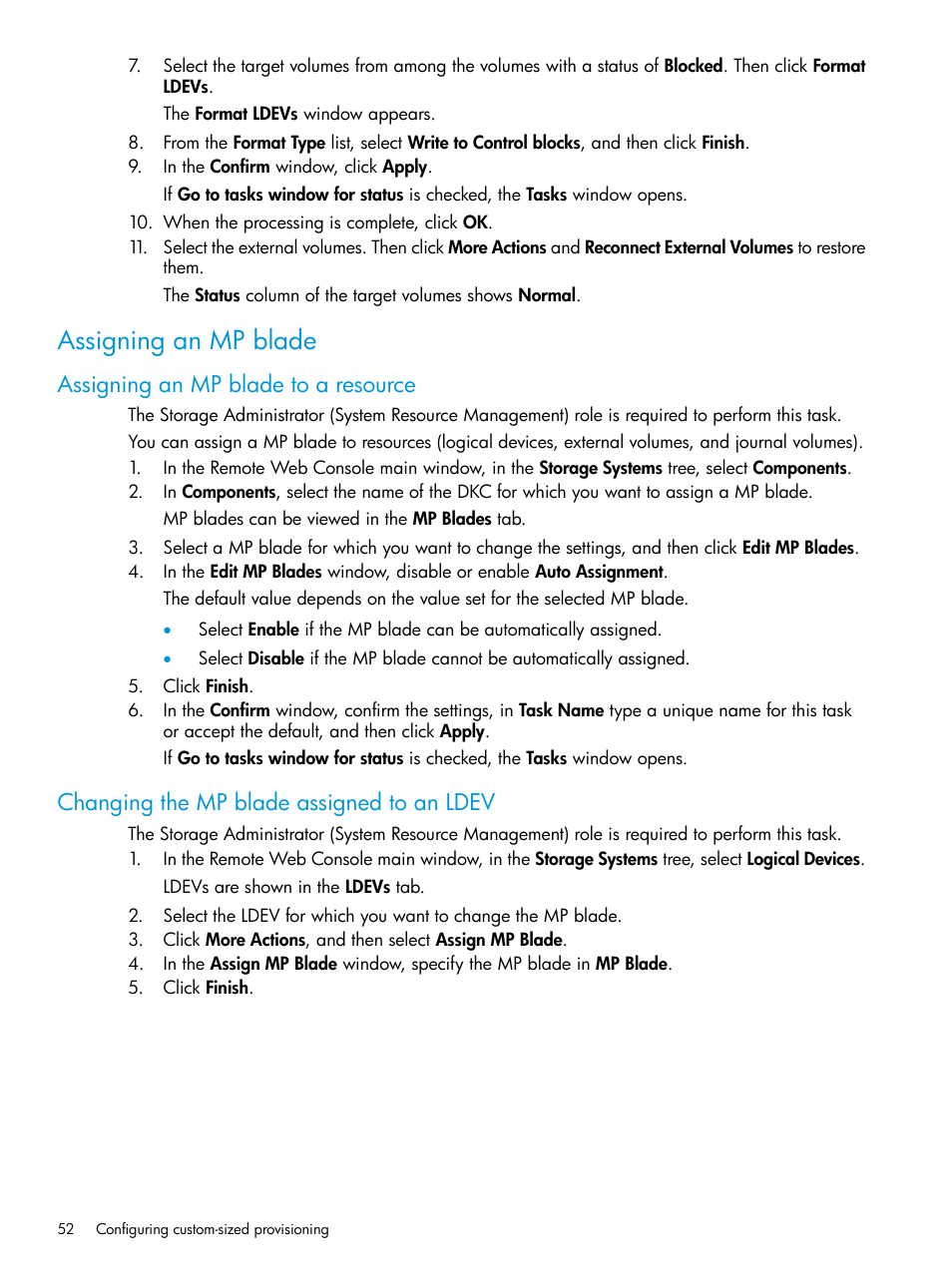 Assigning an mp blade, Assigning an mp blade to a resource, Changing the mp blade assigned to an ldev | HP XP7 Storage User Manual | Page 52 / 338