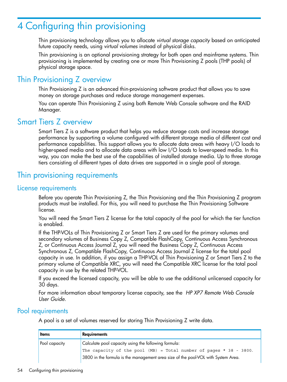 4 configuring thin provisioning, Thin provisioning z overview, Smart tiers z overview | Thin provisioning requirements, License requirements, Pool requirements, License requirements pool requirements | HP XP7 Storage User Manual | Page 54 / 338