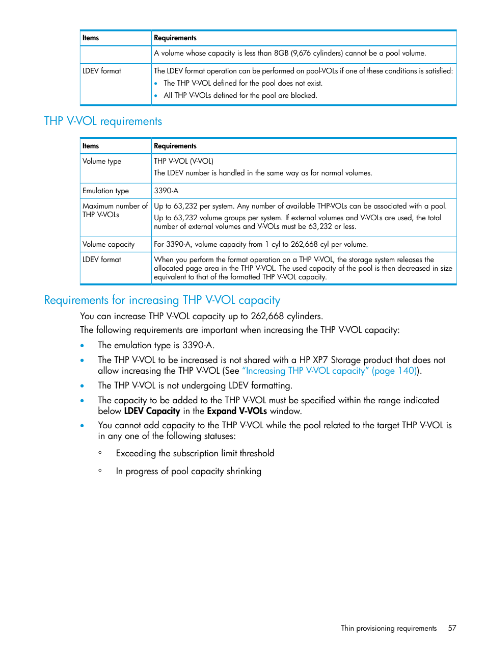 Thp v-vol requirements, Requirements for increasing thp v-vol capacity | HP XP7 Storage User Manual | Page 57 / 338