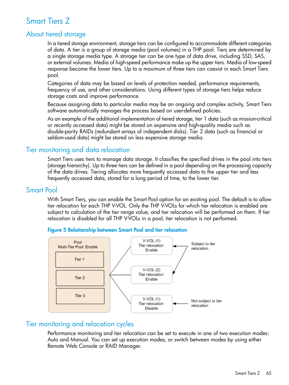 Smart tiers z, About tiered storage, Tier monitoring and data relocation | Smart pool, Tier monitoring and relocation cycles | HP XP7 Storage User Manual | Page 65 / 338