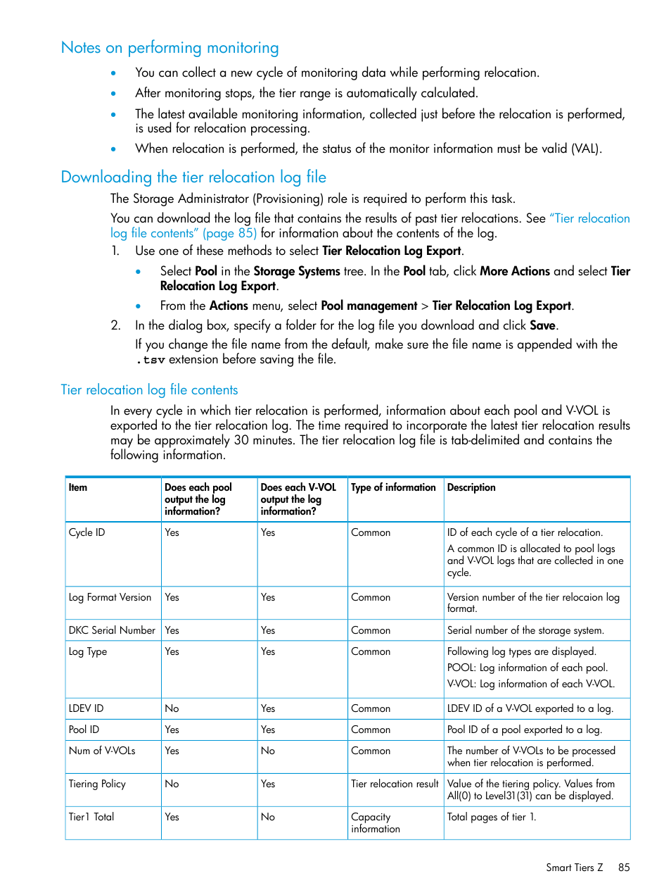 Notes on performing monitoring, Downloading the tier relocation log file, Tier relocation log file contents | HP XP7 Storage User Manual | Page 85 / 338