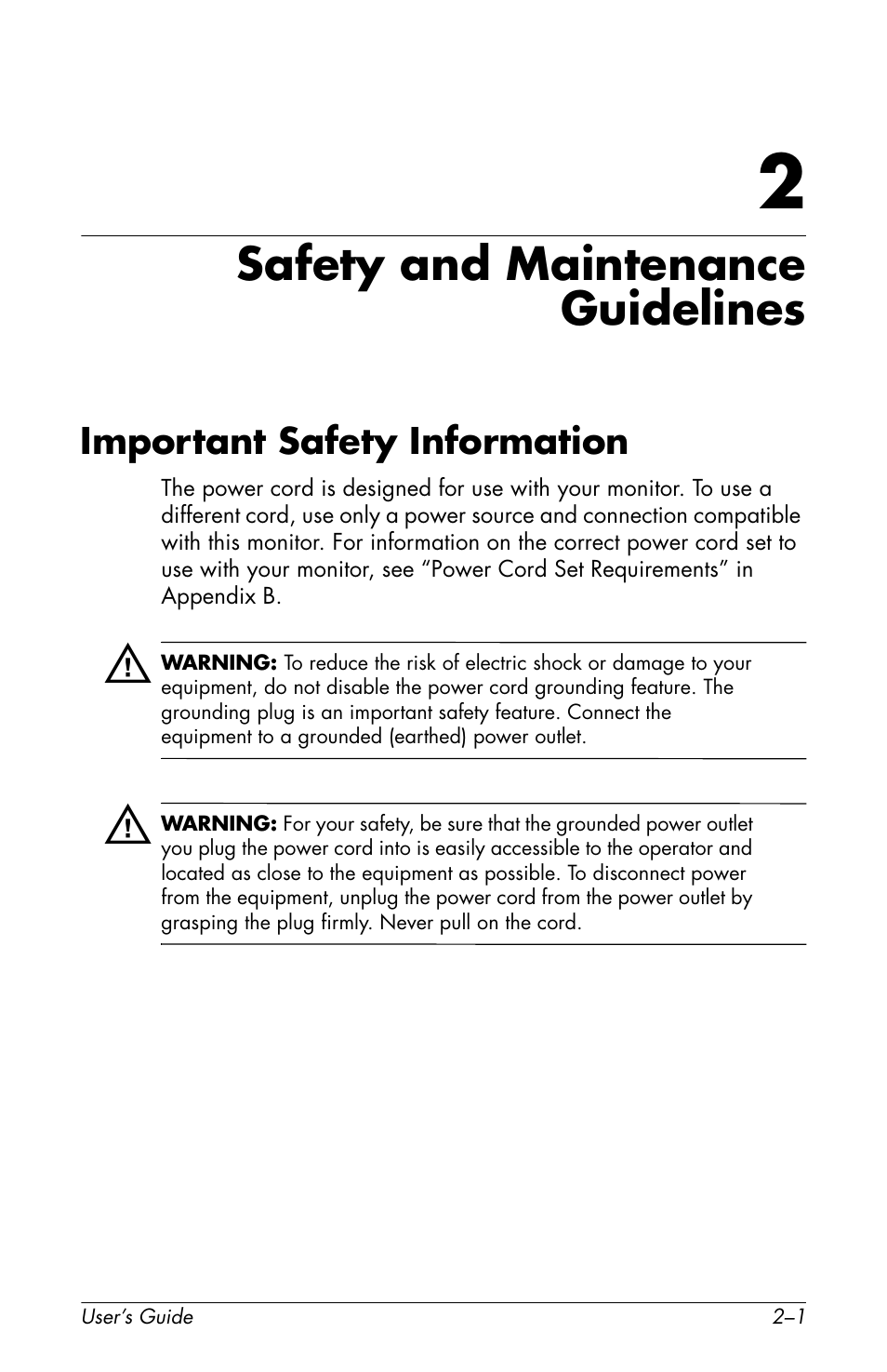 Safety and maintenance guidelines, Important safety information, 2 safety and maintenance guidelines | Important safety information –1 | HP f2105 21 inch LCD Monitor User Manual | Page 13 / 74