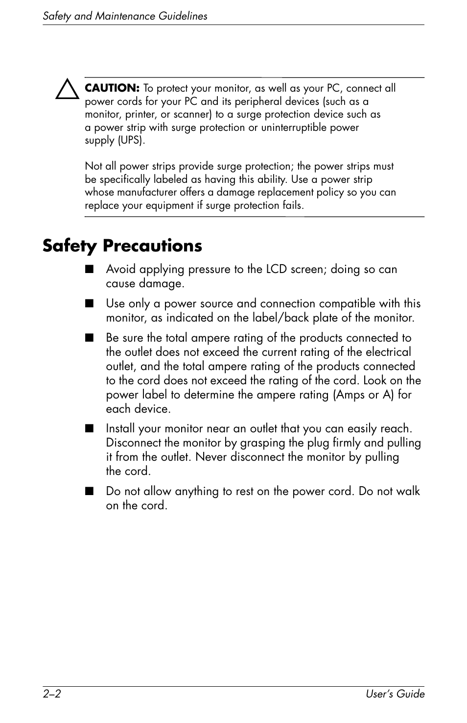 Safety precautions, Safety precautions –2 | HP f2105 21 inch LCD Monitor User Manual | Page 14 / 74