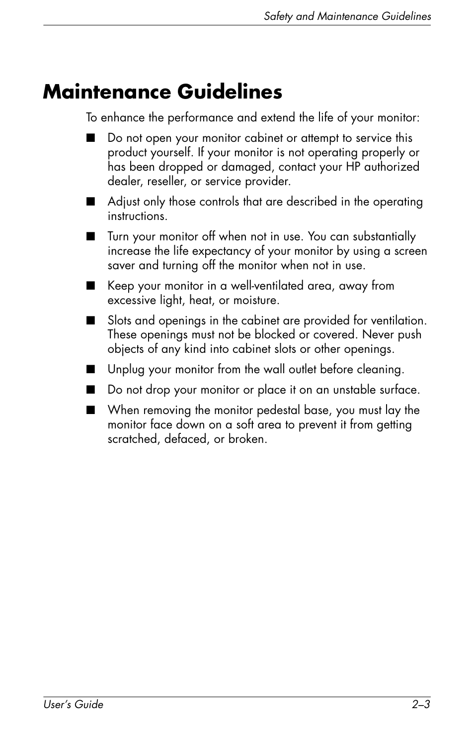 Maintenance guidelines, Maintenance guidelines –3 | HP f2105 21 inch LCD Monitor User Manual | Page 15 / 74