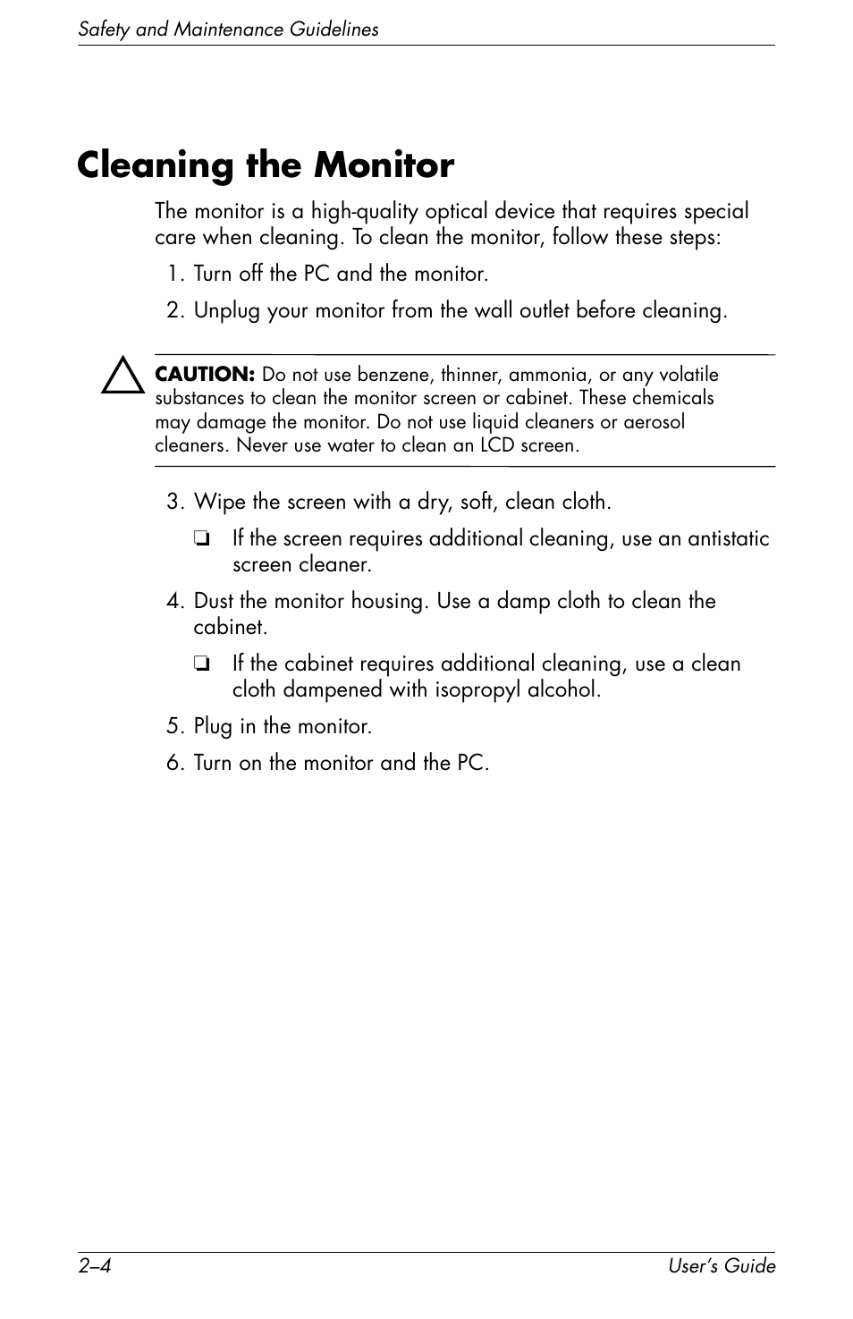 Cleaning the monitor, Cleaning the monitor –4 | HP f2105 21 inch LCD Monitor User Manual | Page 16 / 74