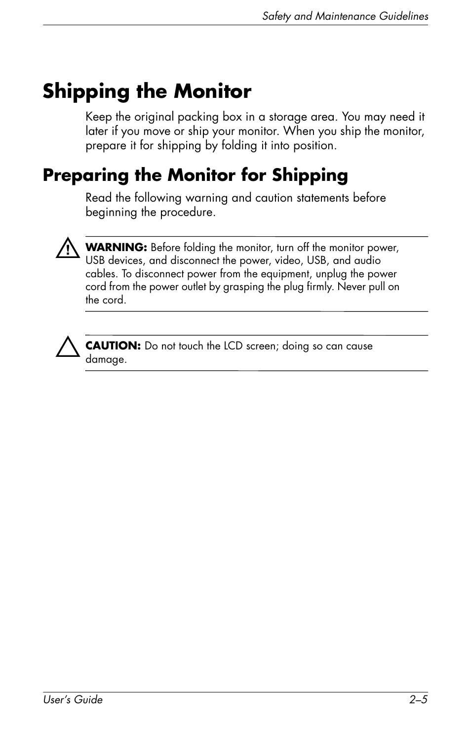 Shipping the monitor, Preparing the monitor for shipping, Shipping the monitor –5 | Preparing the monitor for shipping –5 | HP f2105 21 inch LCD Monitor User Manual | Page 17 / 74