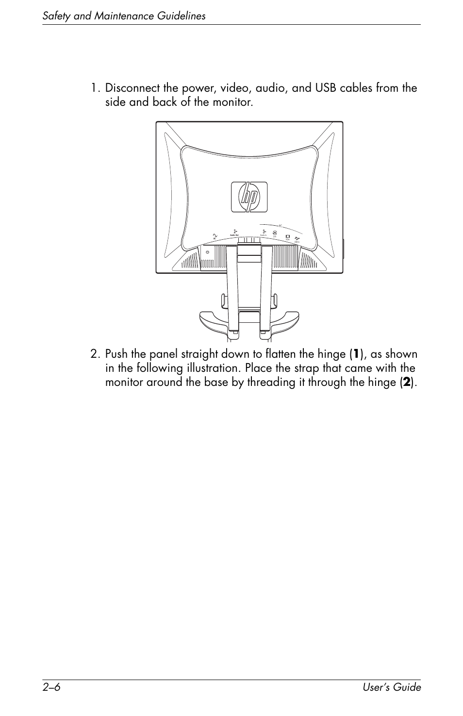 Safety and maintenance guidelines 2–6 user’s guide | HP f2105 21 inch LCD Monitor User Manual | Page 18 / 74