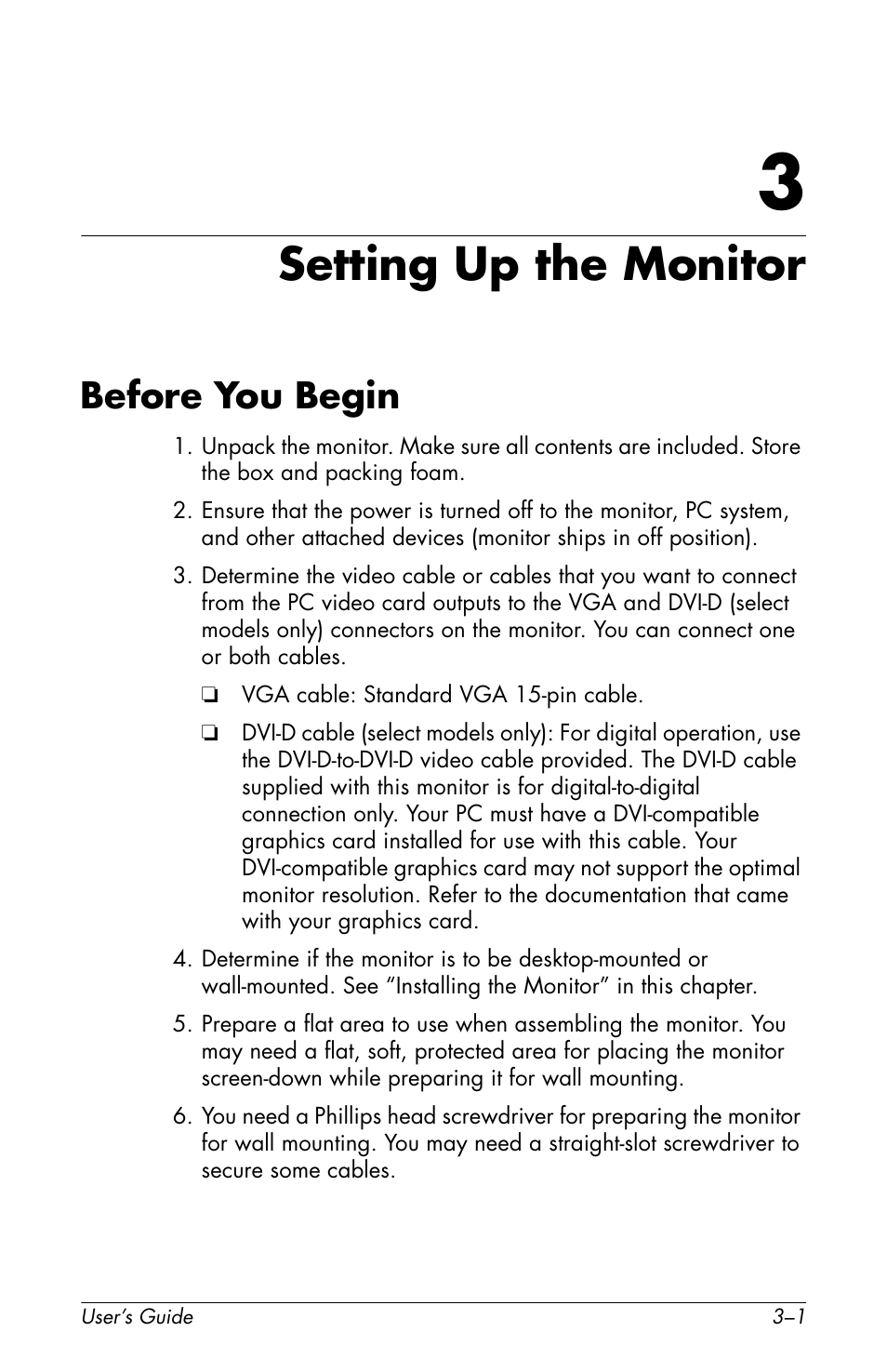 Setting up the monitor, Before you begin, 3 setting up the monitor | Before you begin –1 | HP f2105 21 inch LCD Monitor User Manual | Page 21 / 74