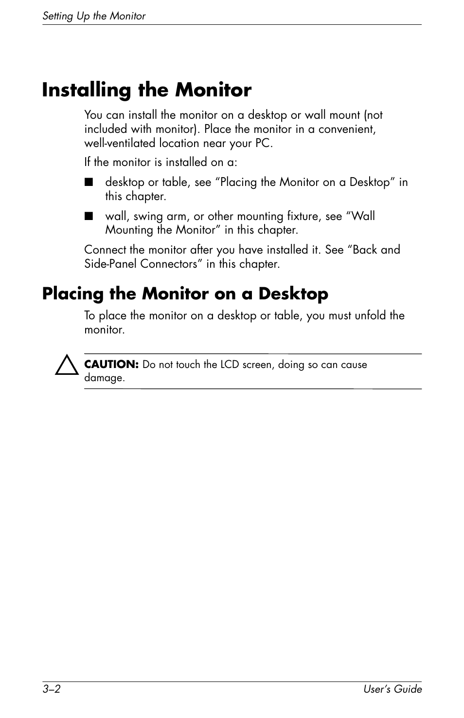 Installing the monitor, Placing the monitor on a desktop, Installing the monitor –2 | Placing the monitor on a desktop –2 | HP f2105 21 inch LCD Monitor User Manual | Page 22 / 74