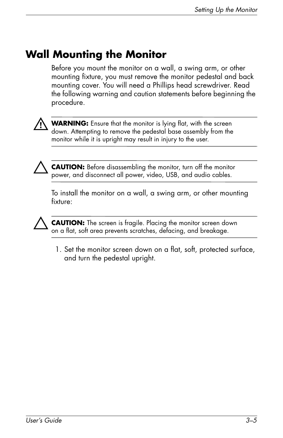 Wall mounting the monitor, Wall mounting the monitor –5, M, or other mounting fixture, see “wall | Mounting the monitor” in this chapter | HP f2105 21 inch LCD Monitor User Manual | Page 25 / 74