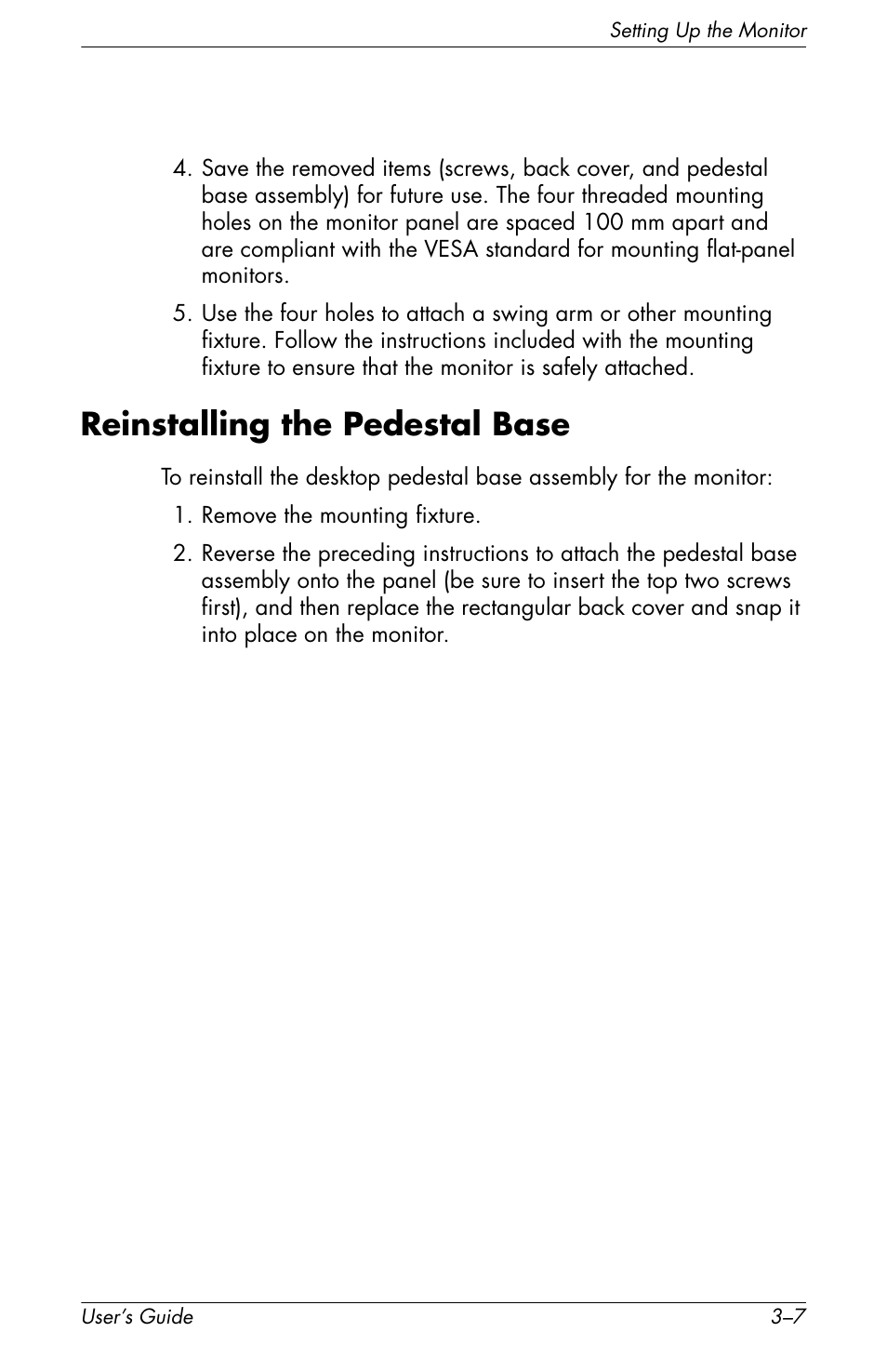 Reinstalling the pedestal base, Reinstalling the pedestal base –7 | HP f2105 21 inch LCD Monitor User Manual | Page 27 / 74