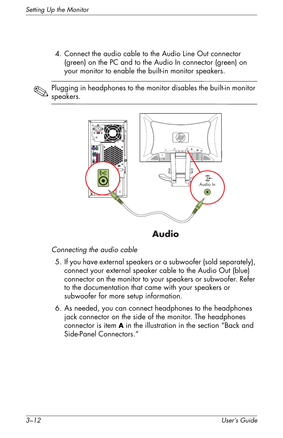 Audio, Setting up the monitor 3–12 user’s guide | HP f2105 21 inch LCD Monitor User Manual | Page 32 / 74