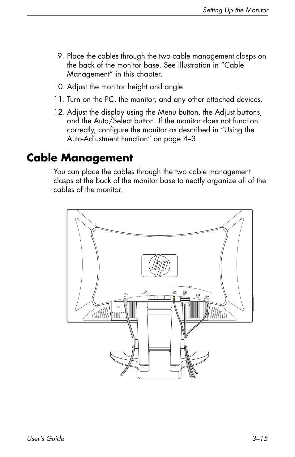 Cable management, Cable management –15, Setting up the monitor user’s guide 3–15 | HP f2105 21 inch LCD Monitor User Manual | Page 35 / 74