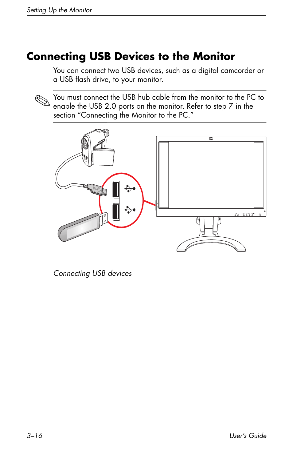 Connecting usb devices to the monitor, Connecting usb devices to the monitor –16 | HP f2105 21 inch LCD Monitor User Manual | Page 36 / 74