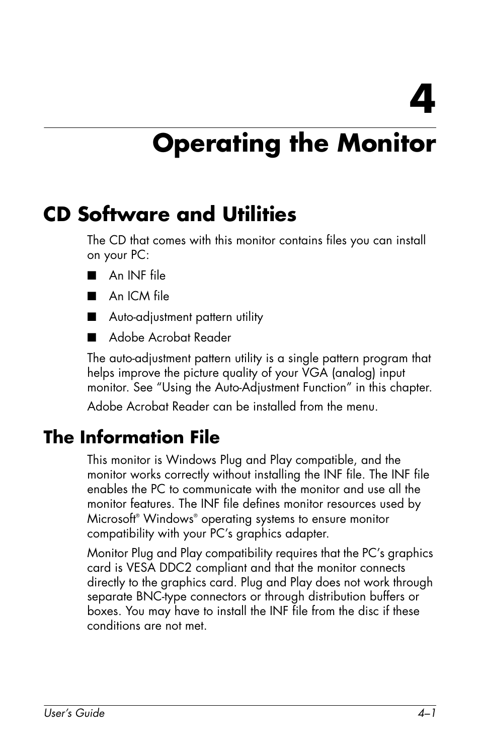 Operating the monitor, Cd software and utilities, The information file | 4 operating the monitor, Cd software and utilities –1, The information file –1 | HP f2105 21 inch LCD Monitor User Manual | Page 37 / 74