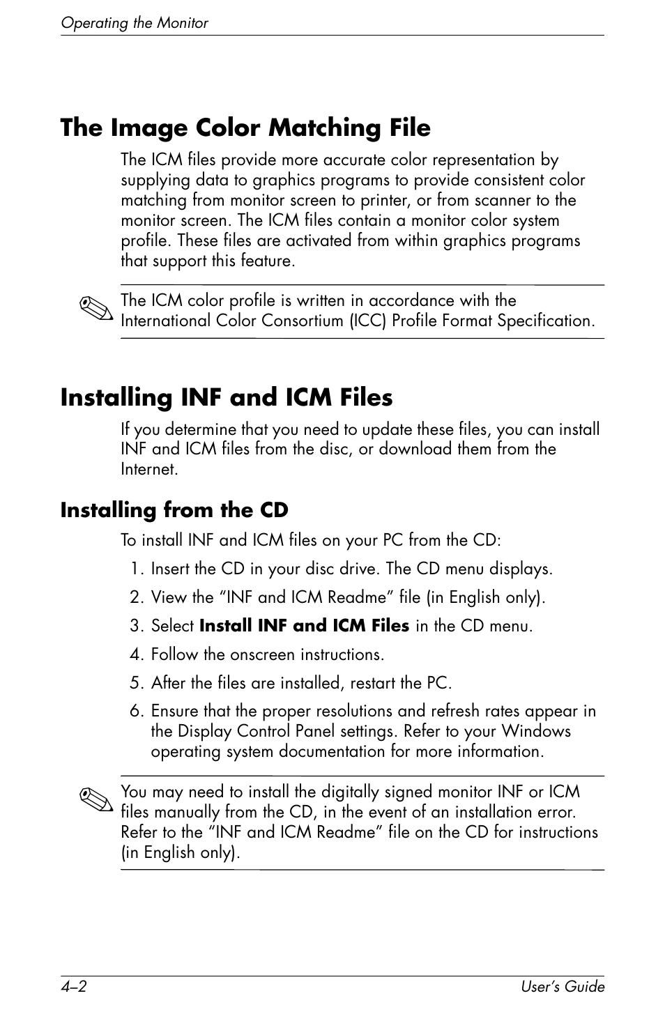 The image color matching file, Installing inf and icm files, Installing from the cd –2 | HP f2105 21 inch LCD Monitor User Manual | Page 38 / 74