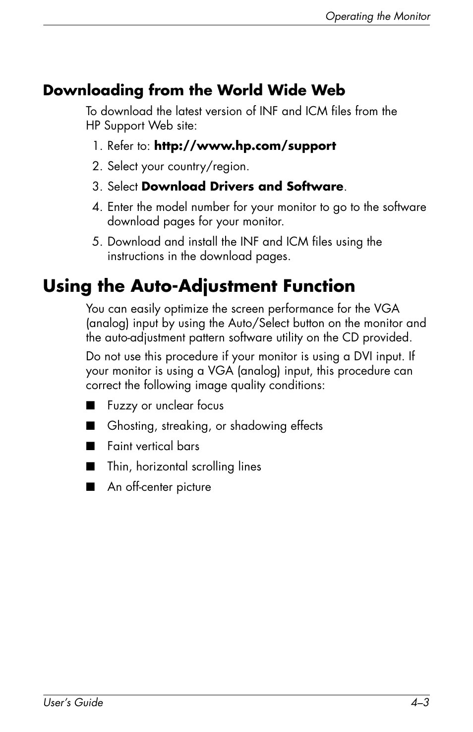 Using the auto-adjustment function, Downloading from the, World wide web –3 | Using the auto-adjustment function –3, Downloading from the world wide web | HP f2105 21 inch LCD Monitor User Manual | Page 39 / 74