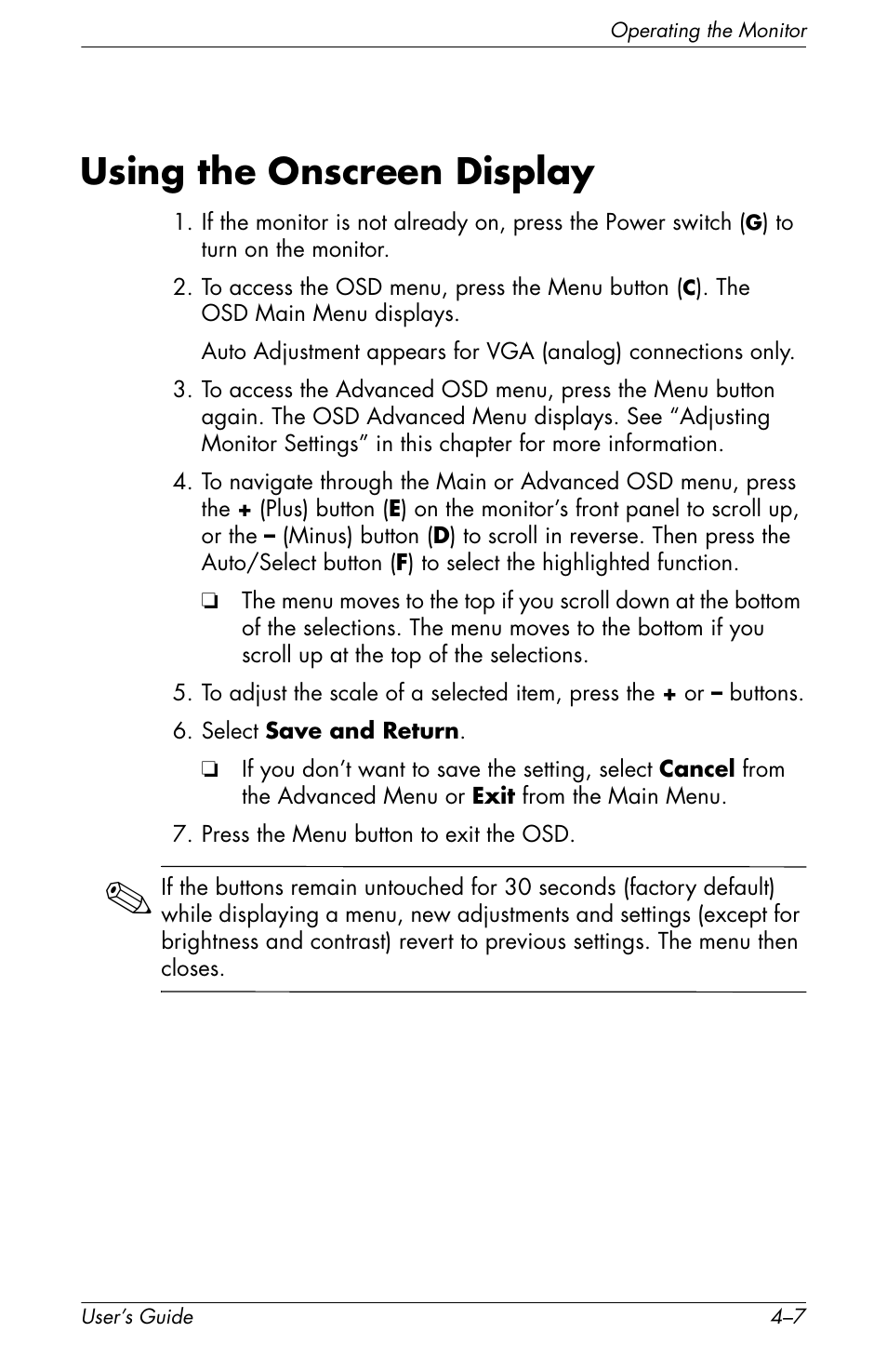 Using the onscreen display, Using the onscreen display –7 | HP f2105 21 inch LCD Monitor User Manual | Page 43 / 74