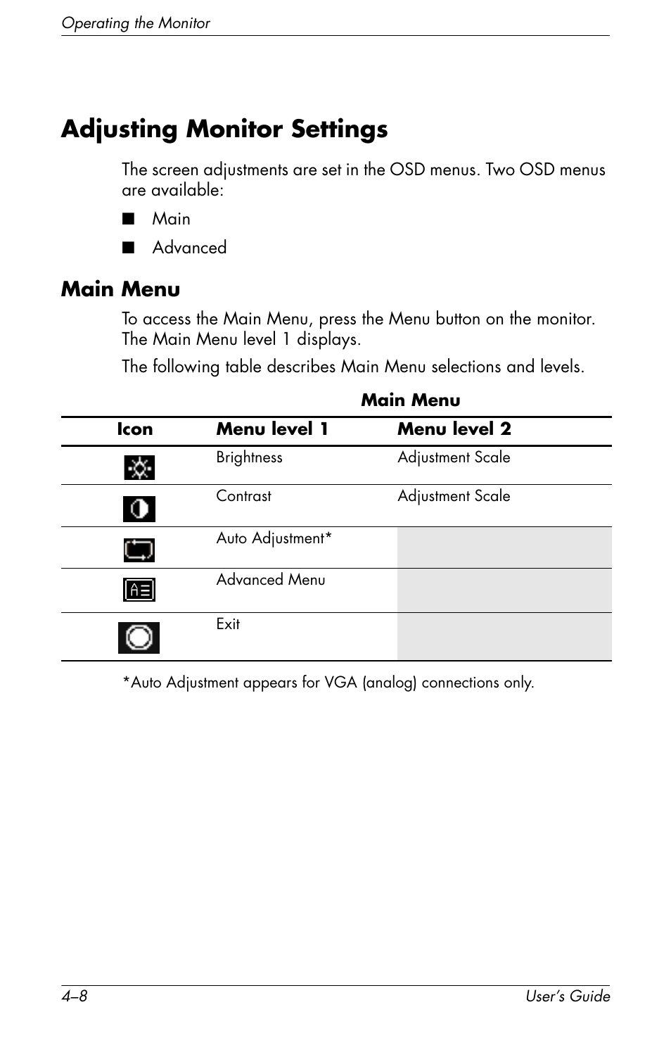 Adjusting monitor settings, Adjusting monitor settings –8, Main menu –8 | Main menu | HP f2105 21 inch LCD Monitor User Manual | Page 44 / 74